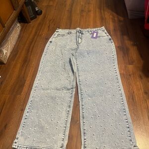 Stylish Light Blue Wide Leg Perl  Jeans